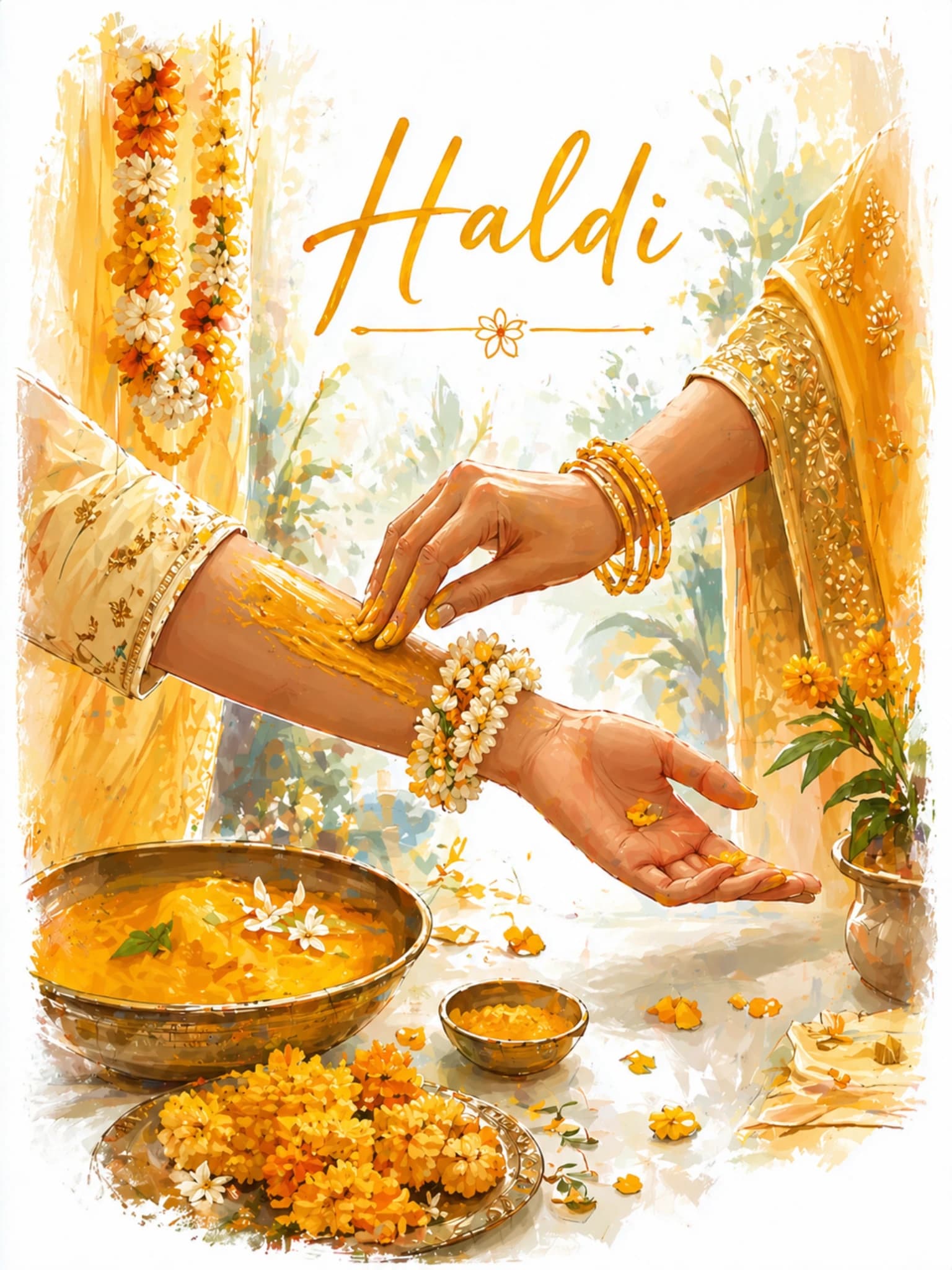 Illustrated Haldi event card with turmeric-yellow ceremonial details.