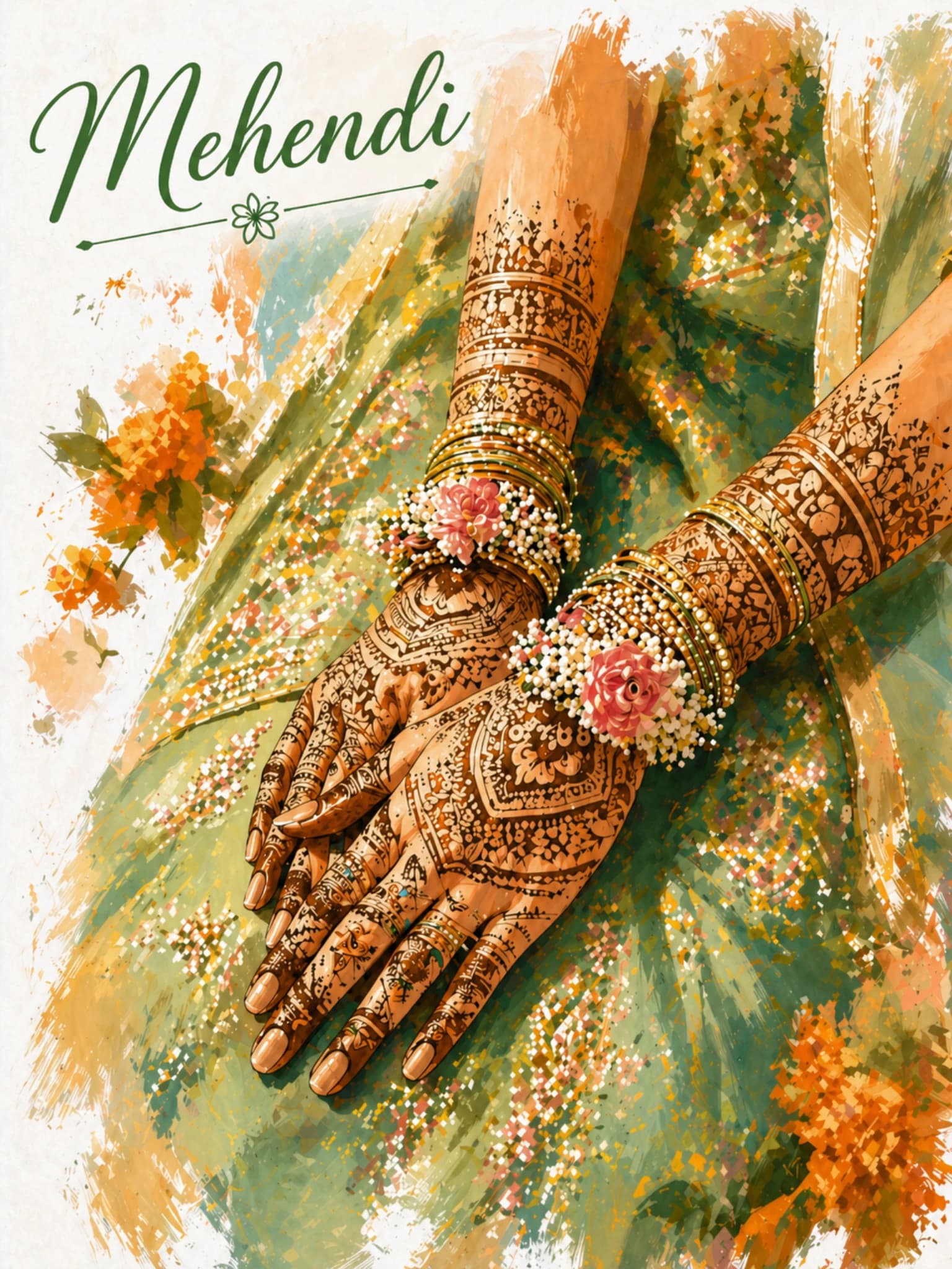 Illustrated Mehendi event card with henna and green sari details.