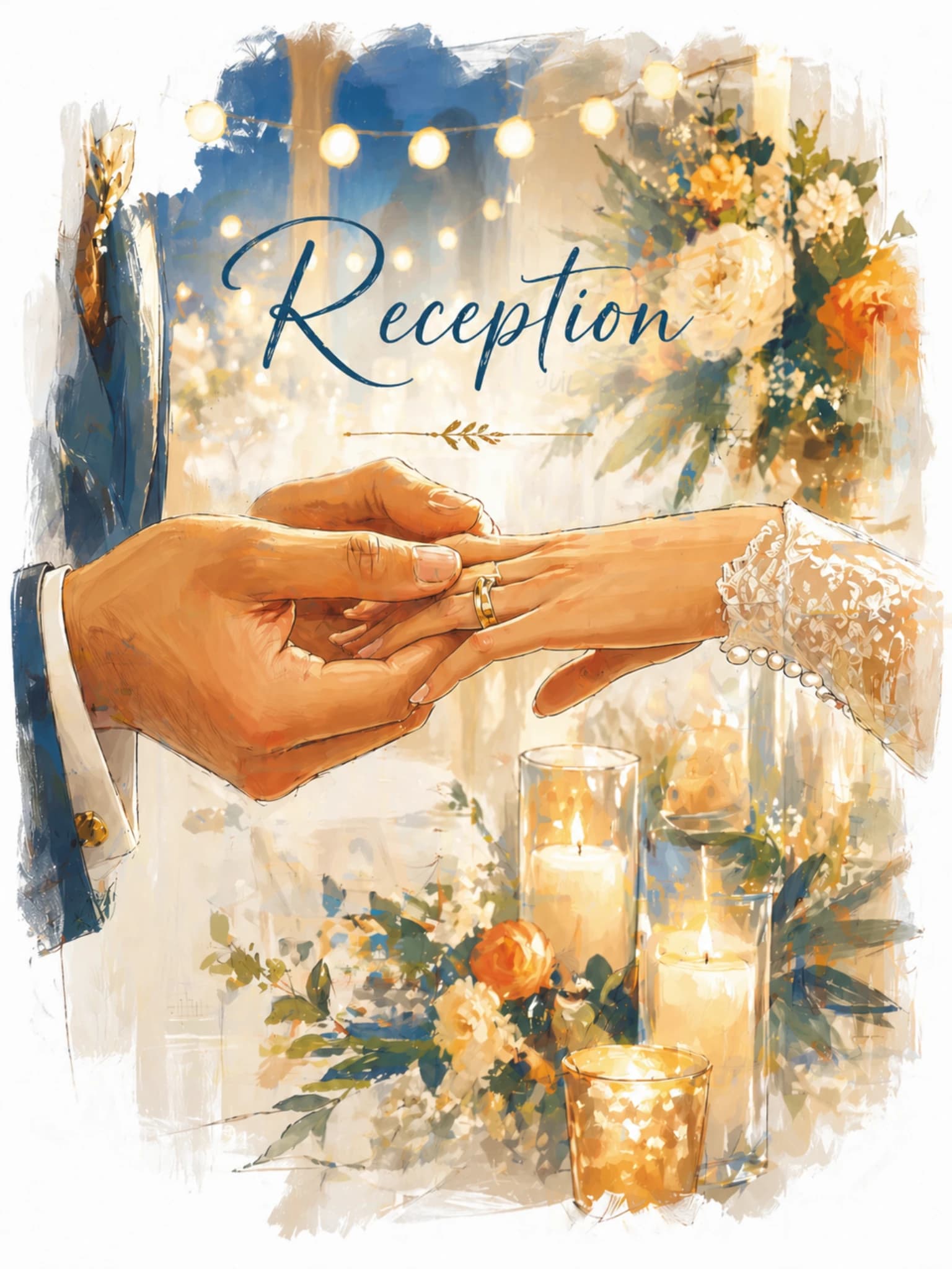Illustrated Reception event card with blue evening celebration details.