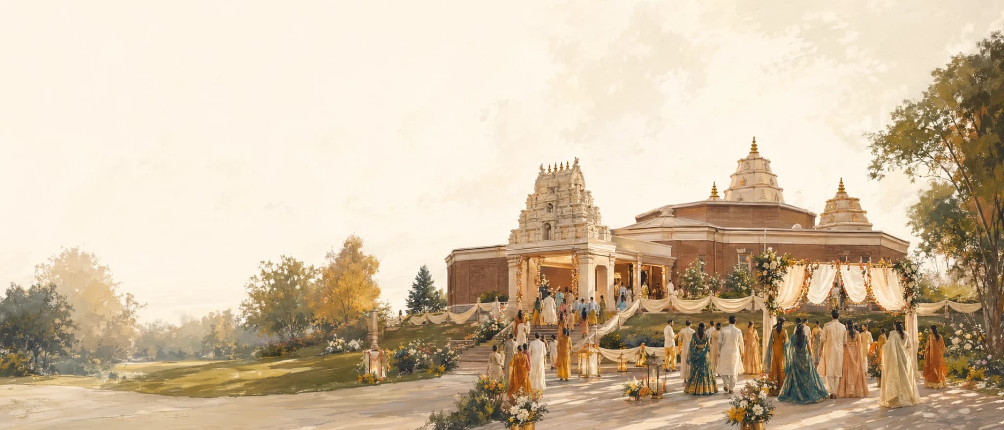 A painterly Indian wedding gathering on the Bharatiya Hindu Temple grounds near Columbus with warm brick, cream temple details, and generic guest silhouettes.