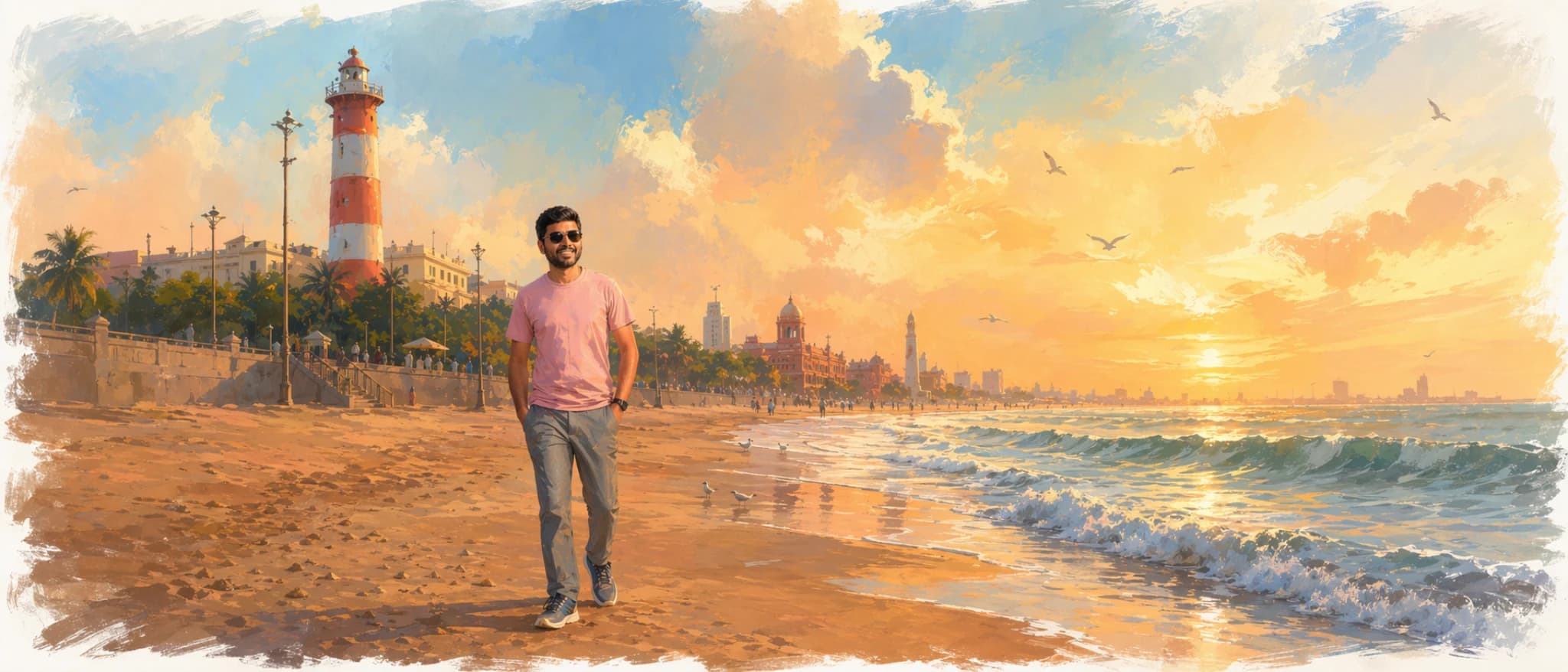 Praveen on the Chennai waterfront with the lighthouse and beach scene around him.