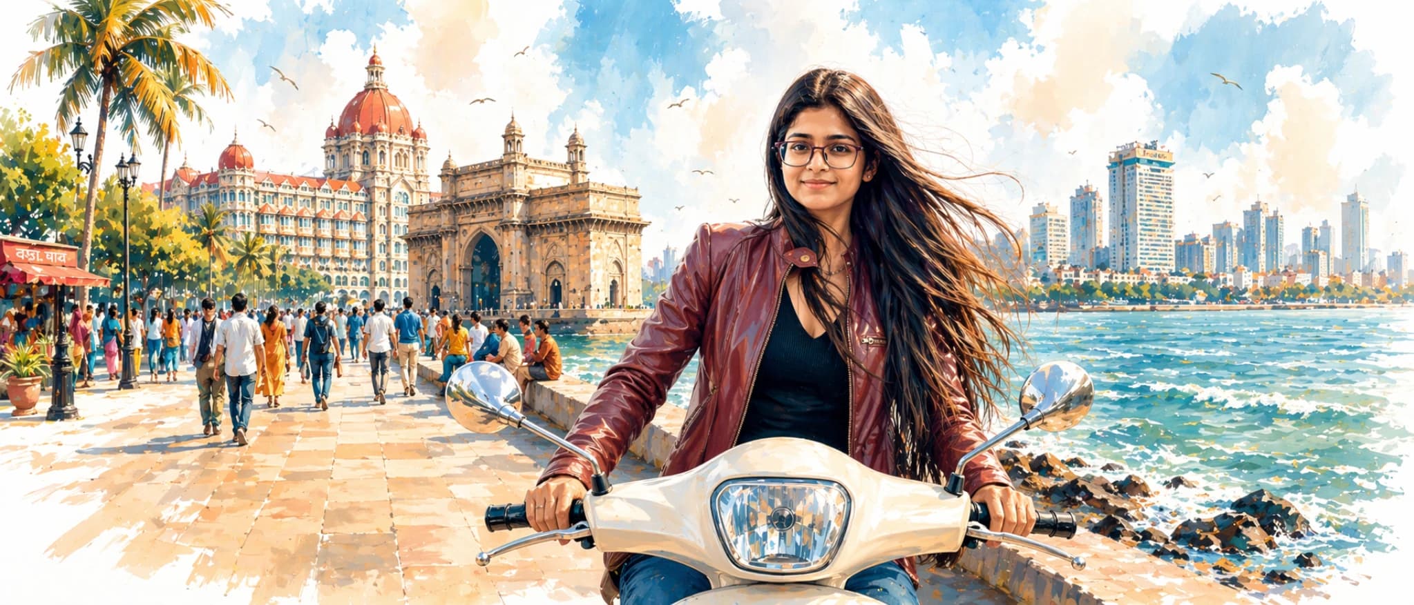 Trupti on a scooter at the Mumbai waterfront with the Gateway of India and skyline behind her.