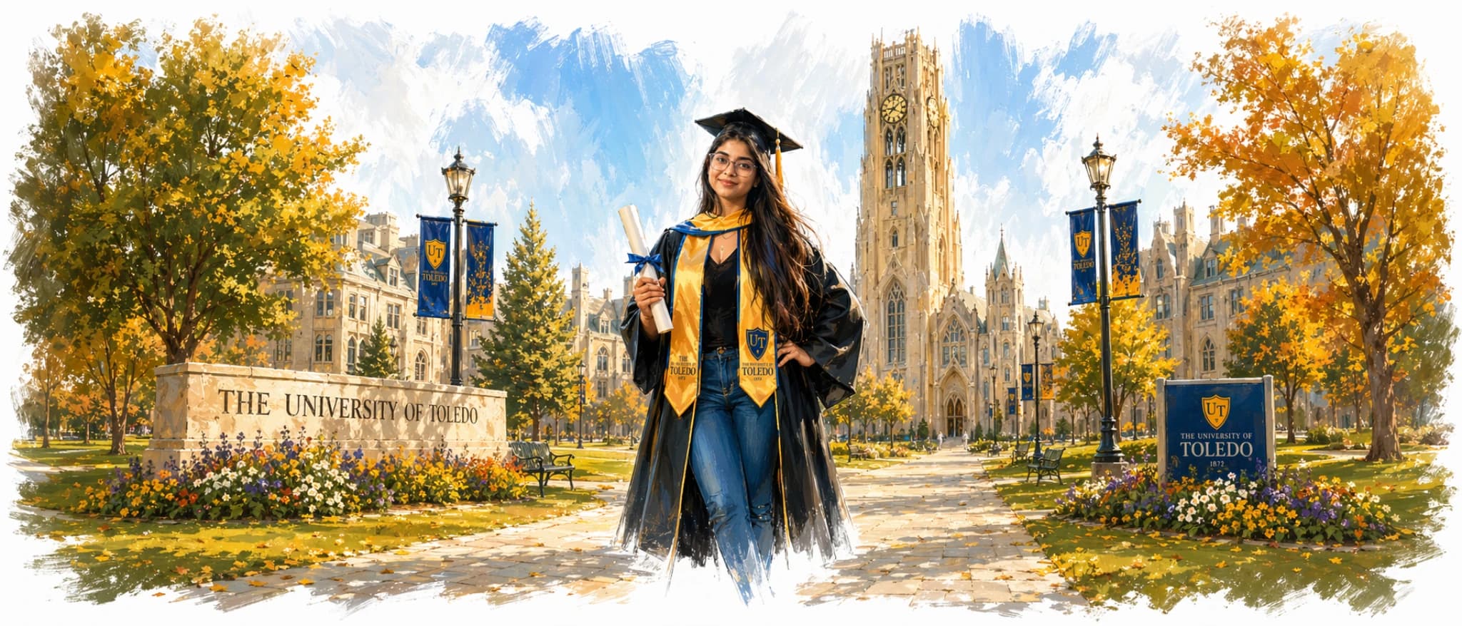 Trupti standing near the University of Toledo tower in graduation attire.