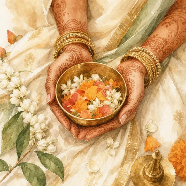 Mehendi hands with flower petals artwork