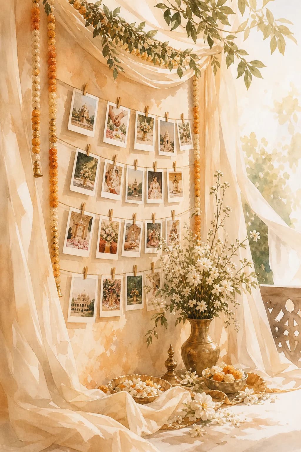A warm wedding celebration memory wall
