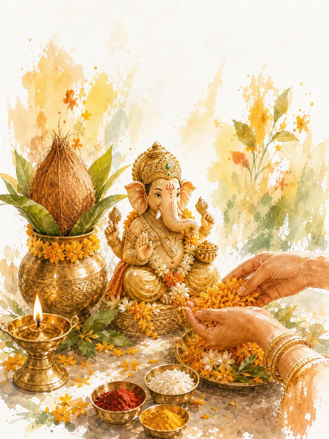 Watercolor illustration of a garlanded Ganesha idol beside a brass kalasha and oil lamp, with hands offering marigold flowers.