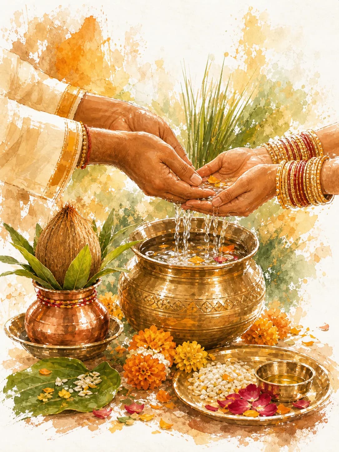 Watercolor illustration of water being poured over a brass ritual vessel during the sankalpam intention-setting.