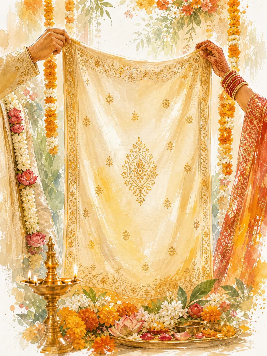 Watercolor illustration of a ceremonial cloth held up between hands before the wedding reveal.