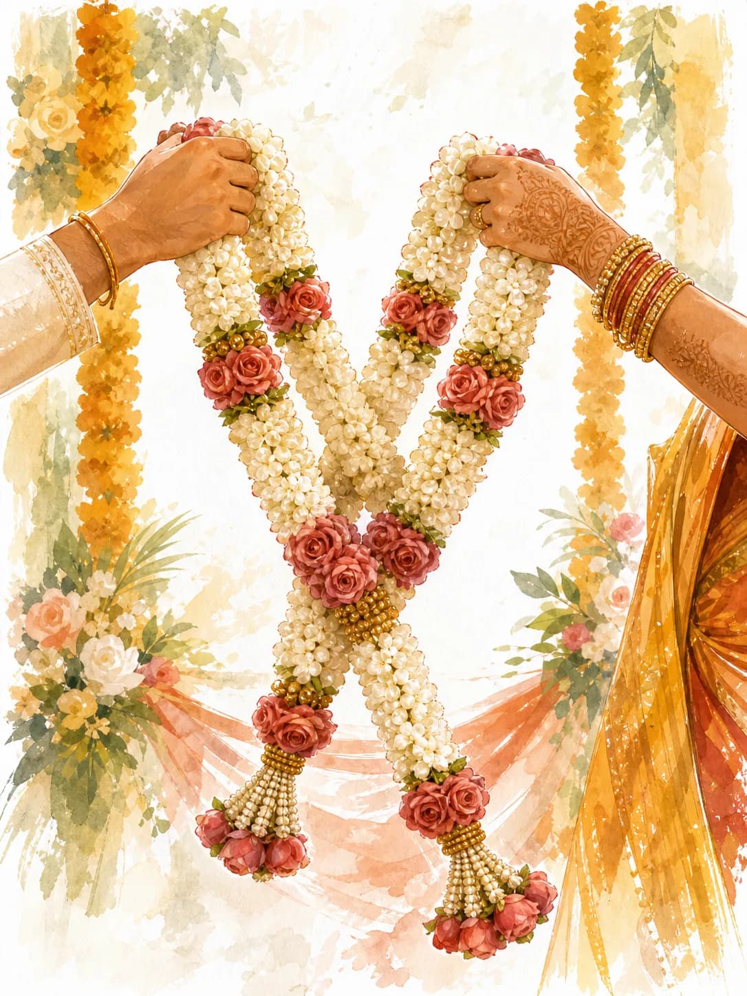 Watercolor illustration of two crossed flower garlands held by hands for the garland exchange.