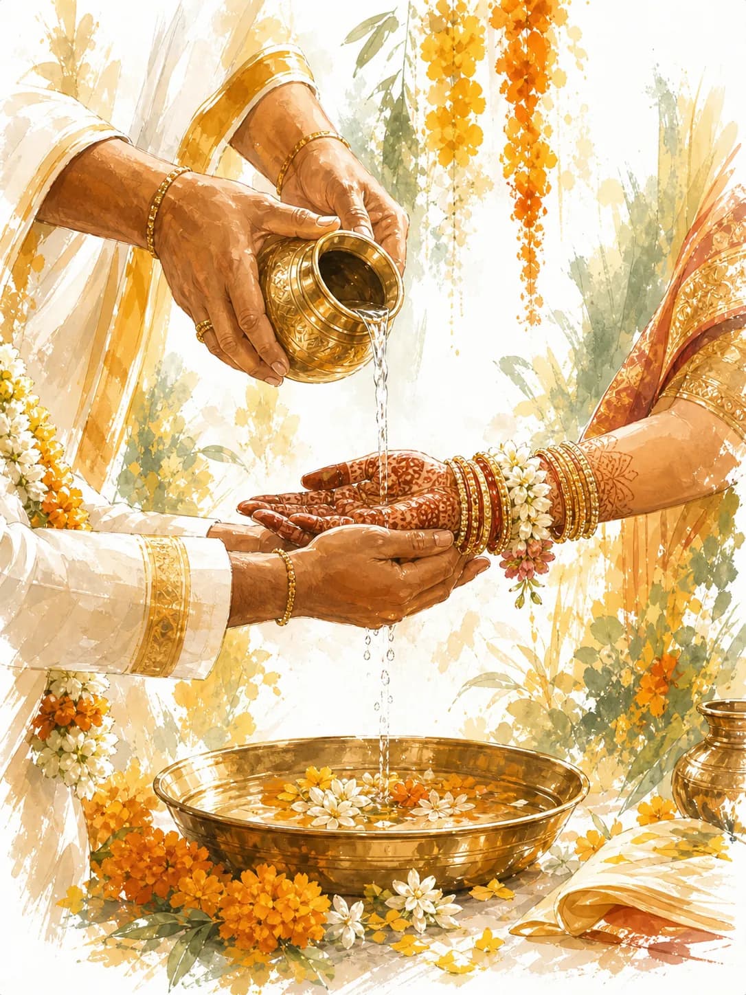 Watercolor illustration of water poured over joined hands during the kanyadanam blessing.