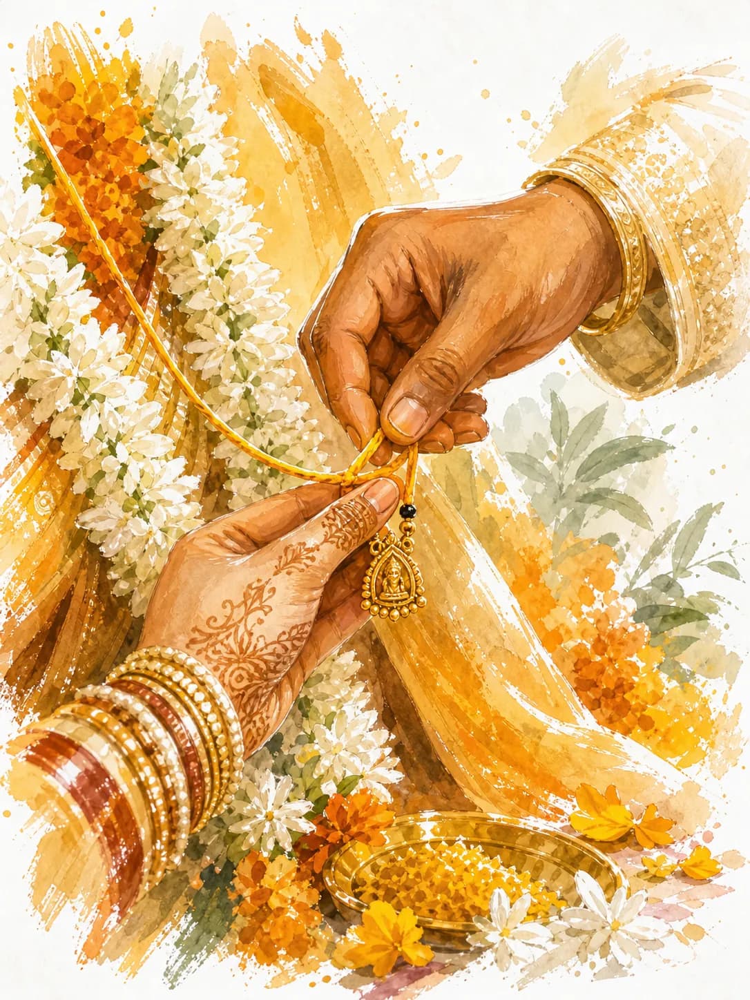 Watercolor illustration of the sacred mangalsutra thaali thread held close before it is tied.