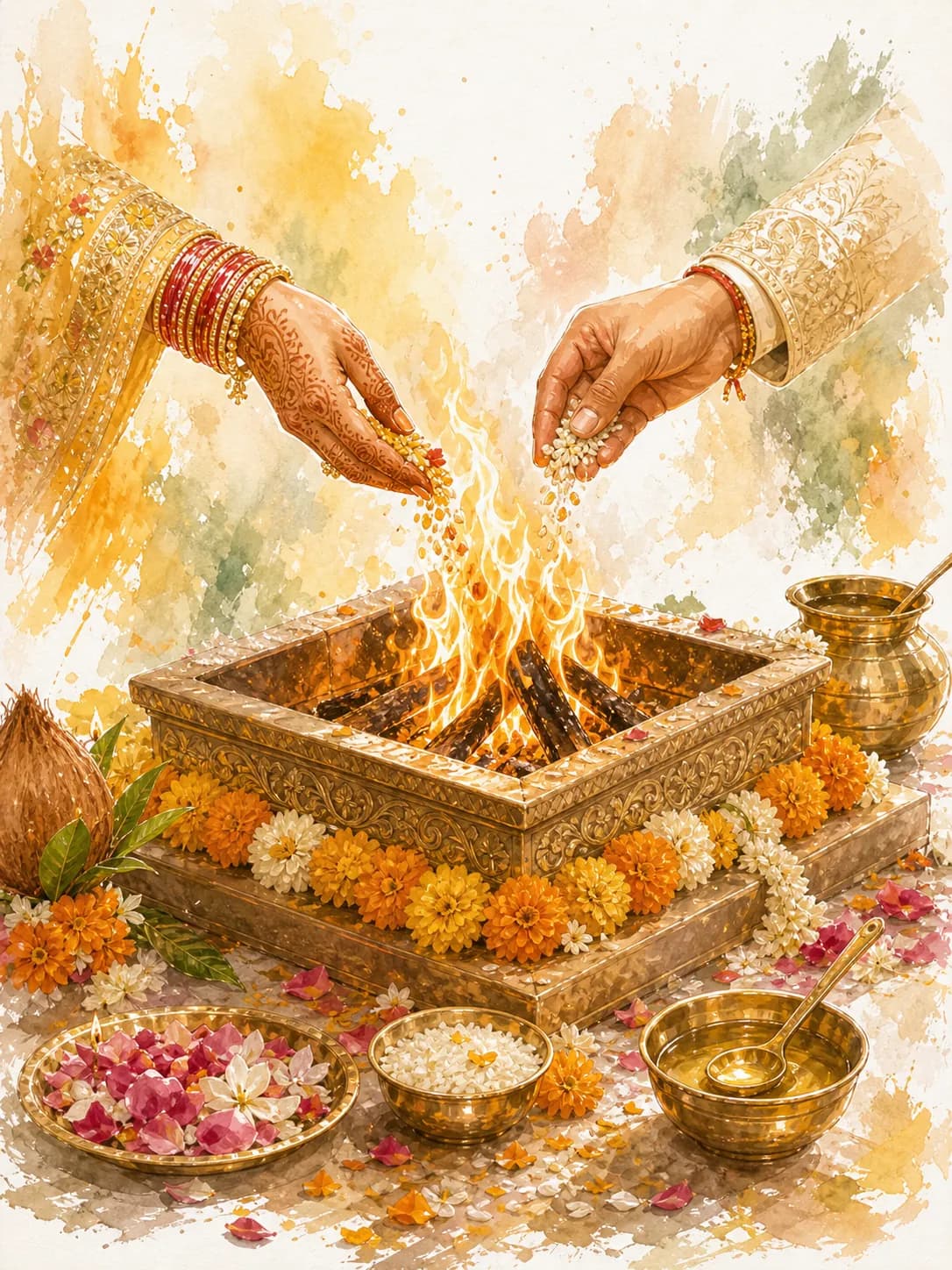 Watercolor illustration of the sacred wedding fire with ghee, ladles, and offerings.