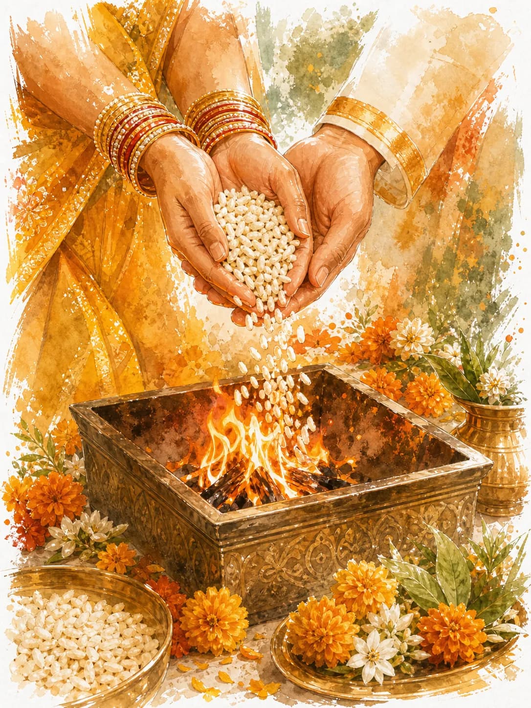 Watercolor illustration of puffed rice being offered into the sacred fire.