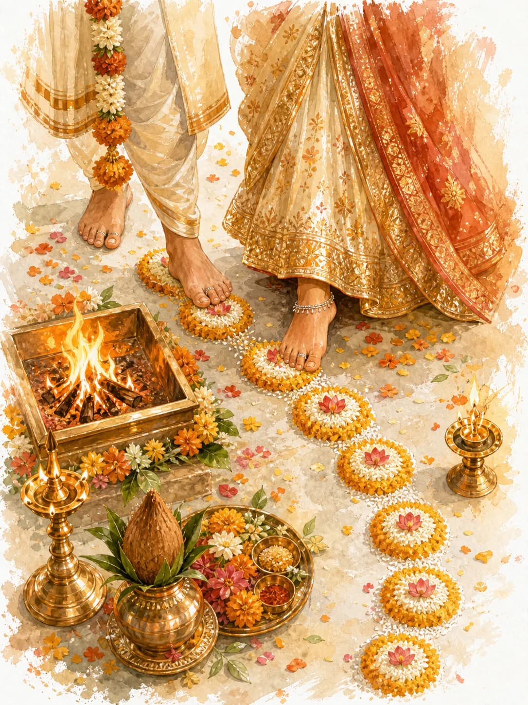 Watercolor illustration of seven small step markers beside the sacred fire for the saptapadi.