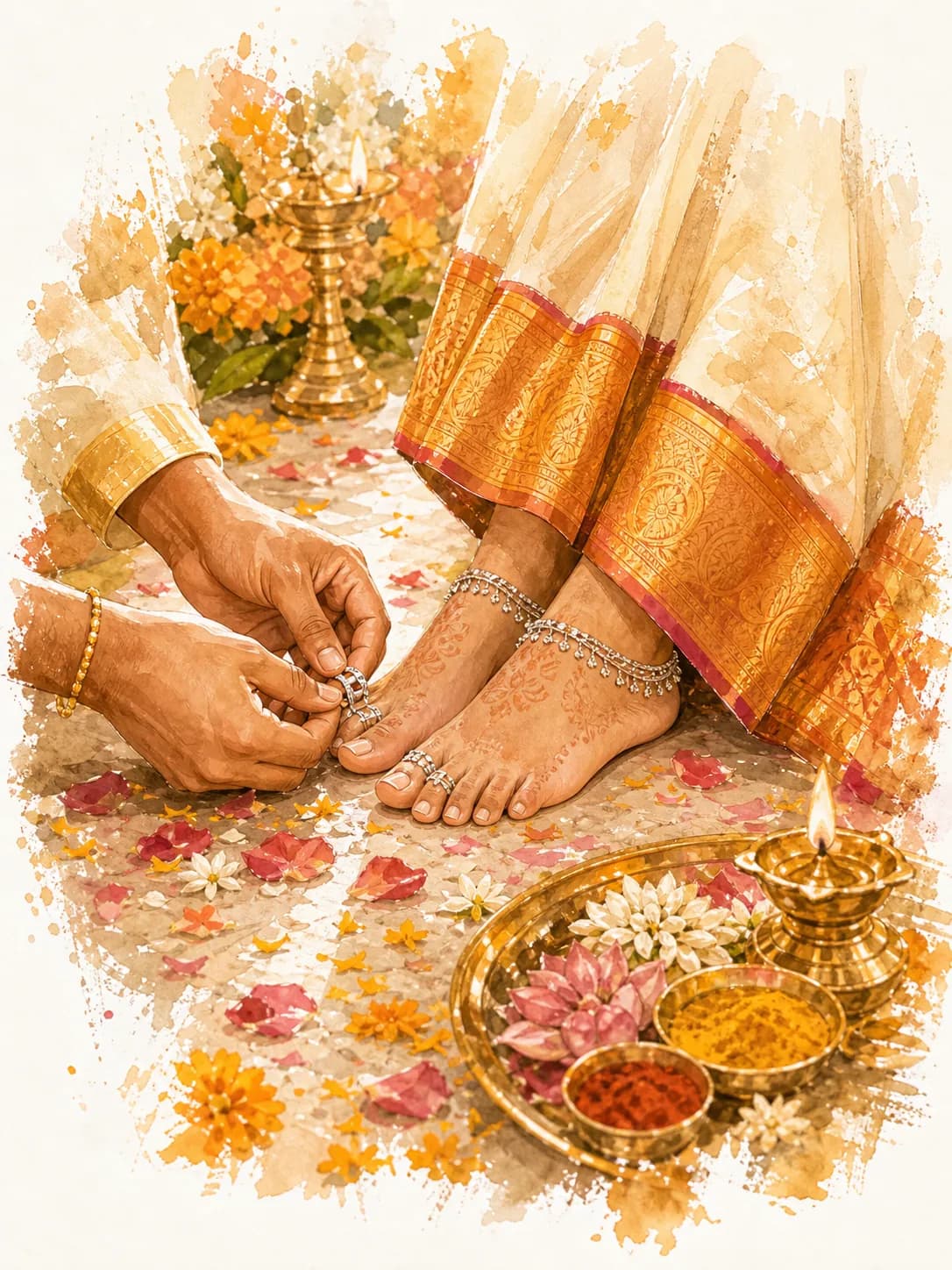 Watercolor illustration of silver toe rings being placed on the bride's feet.