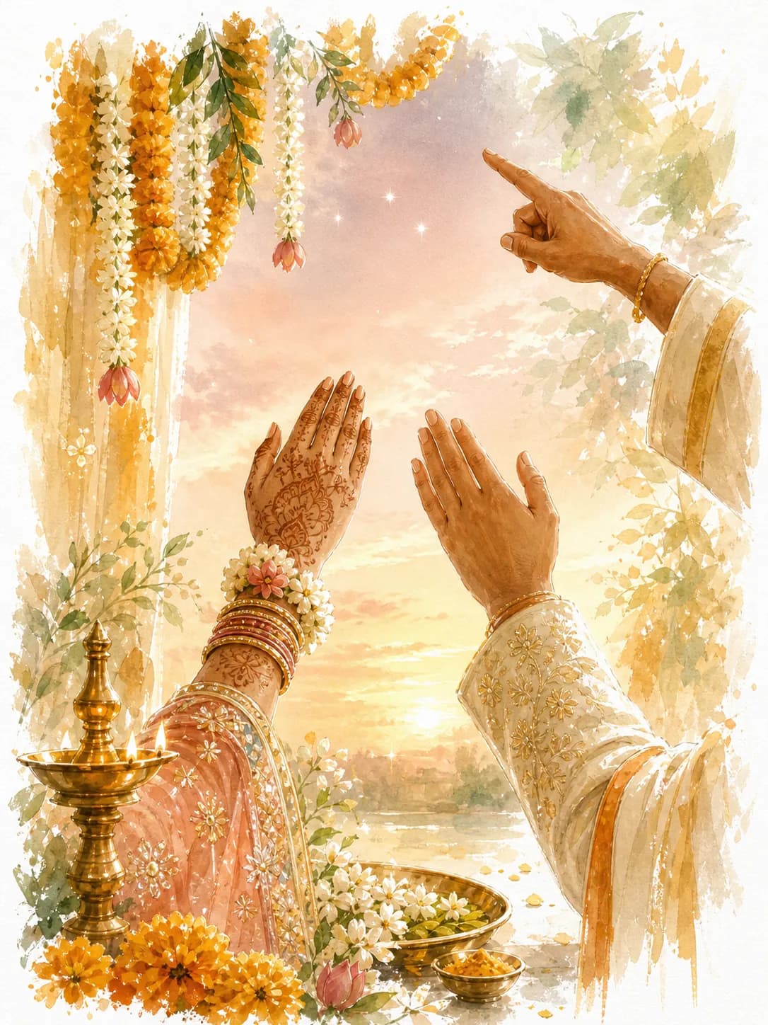 Watercolor illustration of hands pointing toward the Arundhati and Vasishta stars in a night sky.