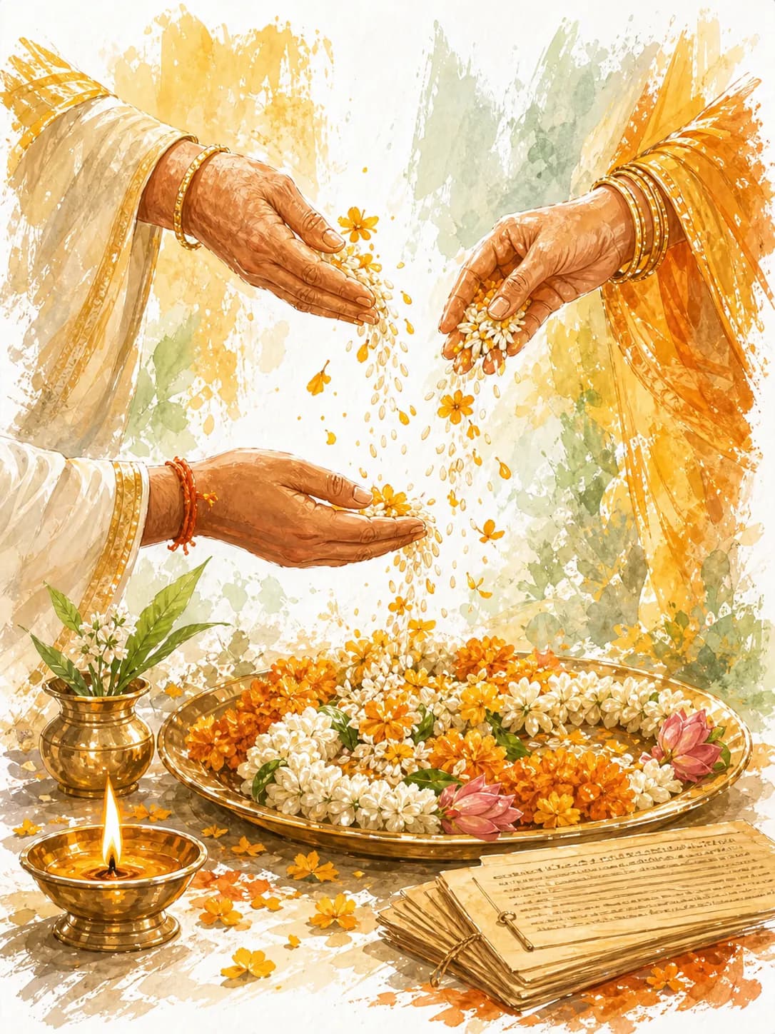 Watercolor illustration of elders offering akshathai and flowers in blessing.