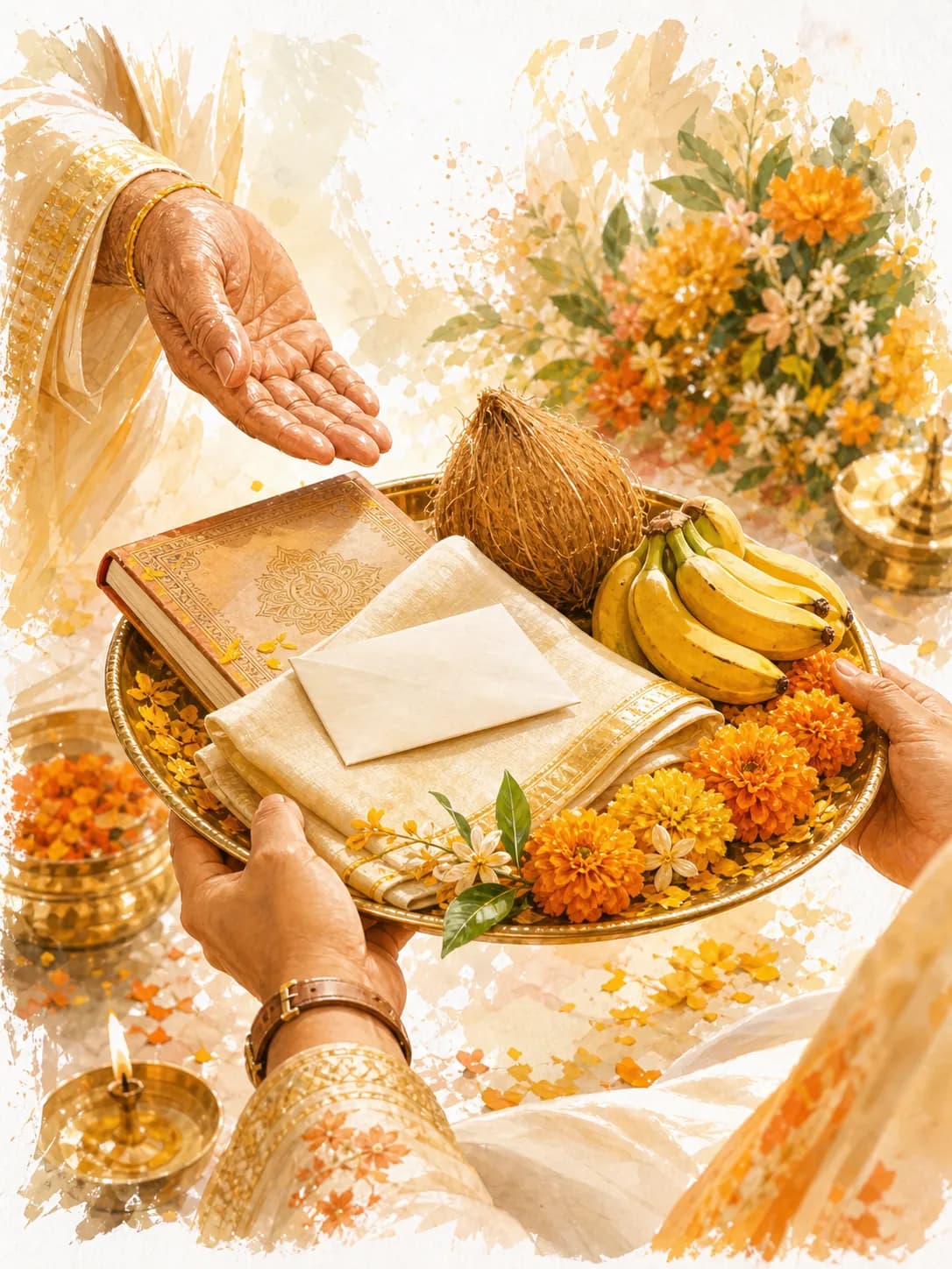 Watercolor illustration of an offering thali with cloth and gratitude gifts for the acharya.